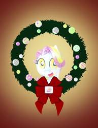 Size: 2550x3300 | Tagged: safe, artist:flutterluv, coconut cream, earth pony, pony, g4, bust, christmas wreath, female, filly, high res, portrait, smiling, solo, wreath