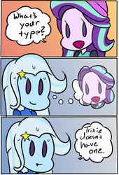 Size: 567x836 | Tagged: safe, artist:jeffmango, starlight glimmer, trixie, equestria girls, g4, blatant lies, bust, comic, dialogue, female, lesbian, meme, nervous, ship:startrix, shipping, smiling, speech bubble, sweat, thought bubble, what's your type