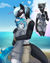 Size: 3000x3817 | Tagged: safe, artist:askbubblelee, oc, oc only, oc:bubble lee, oc:imago, oc:mako, changeling, earth pony, hybrid, orca pony, original species, unicorn, anthro, adorasexy, anthro oc, beach, blushing, businessmare, changeling oc, clothes, couple, cricketfish, cute, cuteling, female, floating heart, heart, high res, hug, love triangle, makolee, male, mare, sexy, skirt, skirt suit, smiling, stallion, story in the source, suit, tattoo, thought bubble, water