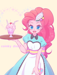 Size: 1200x1600 | Tagged: safe, artist:kkmrarar, pinkie pie, coinky-dink world, eqg summertime shorts, equestria girls, g4, beautiful, clothes, cute, diapinkes, female, food, ice cream, long hair, looking at you, open mouth, server pinkie pie, simple background, smiling, solo, tray, waitress