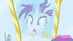 Size: 1280x720 | Tagged: safe, screencap, rarity, g4, it isn't the mane thing about you, mirror, moments before disaster, oh crap, open mouth, raribald, shocked, this will end in tears, wide eyes