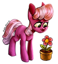 Size: 1942x2160 | Tagged: safe, artist:krotik, cheerilee, earth pony, pony, g4, female, flower, flower pot, smiling, solo