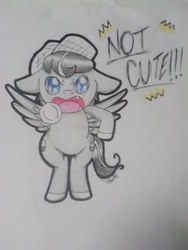 Size: 600x800 | Tagged: safe, artist:gblacksnow, oc, oc only, oc:chopsticks, pegasus, pony, blatant lies, chibi, clothes, cute, cutie mark, denial, dialogue, fangs, hat, i'm not cute, open mouth, traditional art