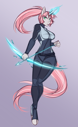 Size: 2445x4000 | Tagged: safe, artist:askbubblelee, oc, oc only, oc:rosie quartz, unicorn, anthro, unguligrade anthro, alternate universe, anthro oc, arrow, bow (weapon), breasts, colored sketch, female, glowing horn, horn, magic, magical lesbian spawn, mare, next generation, offspring, parent:maud pie, parent:trixie, parents:mauxie, serious, serious face, solo, weapon, willowverse