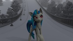 Size: 1600x900 | Tagged: safe, artist:styroponyworks, dj pon-3, vinyl scratch, pony, unicorn, g4, 3d, female, lamppost, mare, smiling, solo, wrong eye color