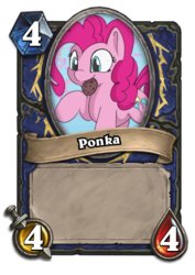 Size: 306x432 | Tagged: safe, artist:treekickerdraws, editor:luxuria, pinkie pie, earth pony, pony, g4, blizzard entertainment, card, cookie, cute, diapinkes, female, food, hearthpwny, hearthstone, mare, mouth hold, ponka, raised hoof, smiling, solo, warcraft