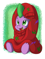 Size: 2550x3300 | Tagged: safe, artist:latecustomer, spike, dragon, g4, baby, baby dragon, clothes, cute, fangs, feather, green eyes, high res, male, open mouth, oversized clothes, scales, simple background, sitting, solo, spikabetes, sweater, white background