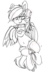 Size: 249x409 | Tagged: safe, artist:yoditax, rainbow dash, pegasus, pony, g4, belly, belly button, clothes, earmuffs, evening gloves, female, gloves, long gloves, mare, monochrome, socks, solo, thigh highs