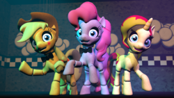 Size: 1920x1080 | Tagged: safe, artist:razethebeast, applejack, pinkie pie, sunset shimmer, earth pony, pony, robot, robot pony, unicorn, g4, 3d, animatronic, bowtie, cowboy hat, creepy, crossover, five nights at freddy's, hat, looking at you, metal, open mouth, raised hoof, source filmmaker, stetson