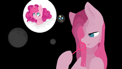 Size: 1280x720 | Tagged: safe, artist:roxybrett, pinkie pie, earth pony, pony, g4, black background, bubble, bubble wand, cutie mark, female, flat mane, hoof hold, mare, pinkamena diane pie, simple background