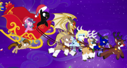 Size: 1024x548 | Tagged: safe, artist:mlp-trailgrazer, oc, oc only, oc:cupcake slash, oc:gina m, oc:spirit, oc:terra hoof, oc:trail grazer, oc:tyandaga, oc:vector, deer, dragon, reindeer, night, sled