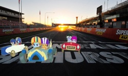 Size: 640x381 | Tagged: safe, artist:didgereethebrony, rainbow dash, scootaloo, pony, g4, the cart before the ponies, australia, bathurst, car, irl, mount panorama, photo, ponies in real life, race track, racecar, racing