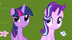 Size: 1280x720 | Tagged: safe, screencap, starlight glimmer, twilight sparkle, alicorn, pony, unicorn, fame and misfortune, g4, cute, daaaaaaaaaaaw, duo, duo female, female, glimmerbetes, hair flip, hair over one eye, mare, sitting, smiling, twiabetes, twilight sparkle (alicorn), weapons-grade cute