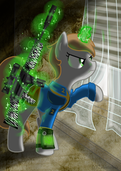 Size: 1024x1448 | Tagged: safe, artist:celestialess, oc, oc only, oc:littlepip, pony, unicorn, fallout equestria, assault rifle, clothes, fanfic, fanfic art, female, glowing horn, gun, horn, jumpsuit, magic, malcolm x, mare, pipboy, pipbuck, rifle, telekinesis, vault suit, weapon, window, zebra rifle