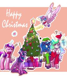 Size: 1989x2321 | Tagged: safe, artist:sl0ne, princess cadance, princess celestia, princess flurry heart, princess luna, twilight sparkle, alicorn, pony, g4, alicorn pentarchy, christmas, clothes, costume, family, female, hat, holiday, mare, missing accessory, mother and daughter, royal sisters, santa costume, santa hat, smiling, twilight sparkle (alicorn)