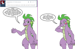 Size: 1204x800 | Tagged: safe, artist:dekomaru, spike, dragon, tumblr:ask twixie, g4, ask, blushing, implied shipping, implied sparity, implied straight, male, older, solo, tumblr