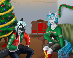 Size: 1600x1265 | Tagged: safe, artist:blackblood-queen, oc, oc only, oc:bubble lee, oc:mako, earth pony, hybrid, orca pony, original species, unicorn, anthro, anthro oc, christmas, christmas tree, clothes, couple, female, freckles, holiday, makolee, male, mare, oc x oc, shipping, stallion, stockings, story in the source, straight, thigh highs, tree