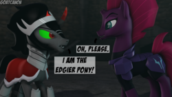 Size: 3840x2160 | Tagged: safe, artist:goatcanon, king sombra, tempest shadow, pony, unicorn, g4, my little pony: the movie, 3d, armor, broken horn, castle of the royal pony sisters, dialogue, duo, edgy, high res, horn, rivalry, sombra vs tempest, sombrest, source filmmaker