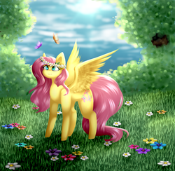 Size: 2560x2500 | Tagged: safe, artist:despotshy, fluttershy, butterfly, pegasus, pony, g4, digital art, female, floral head wreath, flower, high res, lineless, mare, solo