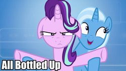 Size: 1280x720 | Tagged: safe, starlight glimmer, trixie, pony, unicorn, all bottled up, g4, duo, female, floppy ears, frown, mare, silly, trixie's puppeteering, unamused