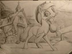 Size: 2000x1500 | Tagged: safe, artist:ponsce, applejack, earth pony, pony, g4, barn, bell, female, mare, monochrome, mouth hold, solo, traditional art, well