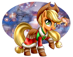 Size: 1300x1014 | Tagged: safe, artist:tiffanymarsou, applejack, earth pony, pony, g4, abstract background, applejack's hat, boots, clothes, cowboy hat, fashion, female, hat, looking at you, mare, shoes, smiling, solo, watermark, winter