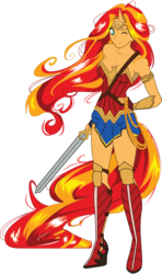 Size: 1974x3341 | Tagged: safe, artist:divinekitten, artist:sonofaskywalker, sunset shimmer, equestria girls, armor, armor skirt, armpits, beautiful, boots, breasts, cleavage, clothes, cosplay, costume, dc comics, dc extended universe, female, high heel boots, high heels, horn, lasso, lasso of truth, one eye closed, rope, shoes, simple background, skirt, solo, sword, tailed humanization, thighs, transparent background, unconvincing armor, weapon, wink, wonder woman