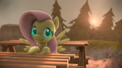 Size: 1920x1080 | Tagged: safe, artist:monkamoni, fluttershy, pony, g4, 3d, cute, female, looking at you, picnic table, poster, shyabetes, solo, source filmmaker, table, tree