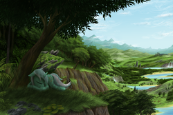 Size: 1600x1067 | Tagged: safe, artist:cerebre-arkor, lyra heartstrings, pony, unicorn, g4, cliff, female, forest, mare, mountain, river, scenery, sleeping, solo, tree, waterfall