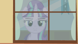 Size: 1280x720 | Tagged: safe, artist:agrol, edit, starlight glimmer, pony, unicorn, you must remember, g4, alone, animated, banner, curtains, eyebrows, female, frown, glare, head tilt, indoors, looking at you, loop, stare, window, younger, youtube link