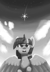 Size: 2500x3600 | Tagged: safe, artist:silverhopexiii, twilight sparkle, alicorn, pony, g4, female, high res, looking up, mare, monochrome, night, open mouth, solo, stars, twilight sparkle (alicorn)
