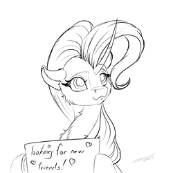 Size: 3000x3000 | Tagged: safe, artist:skitsroom, starlight glimmer, pony, unicorn, g4, cheek fluff, chest fluff, curved horn, female, floppy ears, heart, high res, horn, mare, monochrome, sign, simple background, sketch, solo, white background