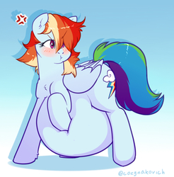 Size: 821x833 | Tagged: safe, artist:cozynakovich, rainbow dash, pegasus, pony, belly, big belly, bloated, blushing, cross-popping veins, female, inflation, mare, puffy cheeks, raised hoof, scrunchy face, squishy