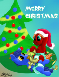 Size: 2000x2589 | Tagged: safe, artist:wittleskaj, oc, oc only, oc:score chaser, oc:skaj, pegasus, pony, baby, baby pony, brothers, christmas, christmas card, christmas tree, colt, diaper, foal, gift wrap, hat, high res, holiday, male, pacifier, ribbon, santa hat, tree