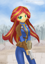 Size: 1075x1512 | Tagged: safe, artist:howxu, sunset shimmer, equestria girls, g4, 10mm pistol, belt, clothes, crossover, fallout, female, gun, handgun, jumpsuit, long hair, looking at you, pistol, rock, solo, tree, vault suit, weapon