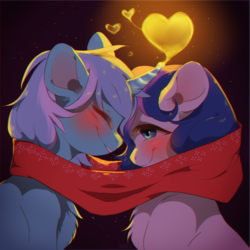 Size: 2000x2000 | Tagged: safe, artist:dagmell, bon bon, lyra heartstrings, sweetie drops, earth pony, pony, unicorn, blushing, chest fluff, chromatic aberration, clothes, eyes closed, female, heart, lesbian, lyrabon, mare, scarf, shared clothing, shared scarf, shipping, smiling