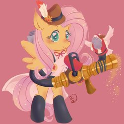Size: 1024x1024 | Tagged: safe, artist:sugusus, fluttershy, pegasus, pony, archimedes, australium medigun, bipedal, blushing, clothes, crossover, cute, female, fluttermedic, hat, heart eyes, looking at you, mare, medic, medigun, medishy, parody, red background, shyabetes, simple background, smiling, team fortress 2, ubercharge, wingding eyes