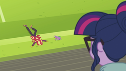 Size: 2208x1242 | Tagged: safe, screencap, sci-twi, spike, spike the regular dog, sunset shimmer, twilight sparkle, dog, equestria girls, equestria girls series, g4, stressed in show, stressed in show: rainbow dash, faceplant, fail, majestic as fuck, shoes, sneakers