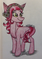 Size: 1306x1836 | Tagged: safe, artist:raritylover152, gloriosa daisy, earth pony, pony, g4, chest fluff, equestria girls ponified, female, floral head wreath, flower, mare, ponified, smiling, solo, sternocleidomastoid, traditional art