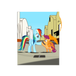 Size: 1200x1200 | Tagged: safe, artist:grapefruitface1, rainbow dash, scootaloo, pegasus, pony, g4, album cover, complex background, female, filly, fire, hipgnosis, hoofbump, mare, parody, pink floyd, ponified, ponified album cover, show accurate, wish you were here