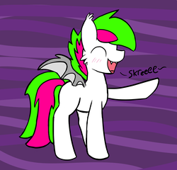 Size: 1161x1113 | Tagged: safe, artist:neonhuo, oc, oc only, oc:neon streak, bat pony, pony, blushing, eeee, eyes closed, male, skree, solo, stallion