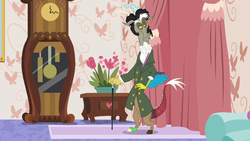 Size: 1280x720 | Tagged: safe, screencap, discord, discordant harmony, g4, cane, clock, clothes, male, solo, suit, wig