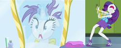 Size: 864x343 | Tagged: safe, rarity, unicorn, best trends forever, equestria girls, equestria girls series, g4, it isn't the mane thing about you, best trends forever: rainbow dash, do not want, flailing, mirror, open mouth, raribald, rarity peplum dress, rarity reacts, reaction, screaming, screenshots, shocked, this will end in tears, wide eyes