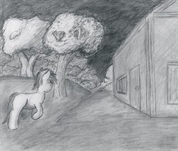 Size: 5517x4680 | Tagged: safe, artist:geljado, oc, oc only, earth pony, pony, absurd resolution, drawing, grayscale, house, male, monochrome, night, perspective, sketch, solo, traditional art, tree