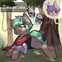 Size: 2000x2000 | Tagged: safe, artist:php172, oc, oc only, oc:milk tea, oc:oolong, bat pony, pony, unicorn, blushing, chibi, clothes, coffee, forest, glowing horn, grass, high res, horn, looking up, lying down, magic, male, scarf, shirt, smiling, stallion, sweater vest, tongue out, tree, undershirt