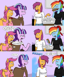 Size: 2560x3072 | Tagged: safe, artist:7thdementia, rainbow dash, scootaloo, starlight glimmer, oc, oc:lightning blitz, pegasus, anthro, comic:ask motherly scootaloo, g4, baby, baby pony, cloak, clothes, comic, female, food, hairpin, high res, holding a pony, male, mother and son, motherly scootaloo, offspring, older, older scootaloo, parent:rain catcher, parent:scootaloo, parents:catcherloo, sandwich, serious rainbow, serious scootaloo, speech bubble, sweatshirt