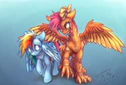 Size: 4096x2765 | Tagged: safe, artist:foldeath, rainbow dash, scootaloo, dracony, dragon, feathered dragon, hybrid, g4, claws, drool, female, horns, hungry, kitchen eyes, nervous, scales, scared, scootadragon, sharp teeth, species swap, teeth, this will end in vore, tongue out