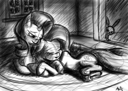 Size: 2829x2000 | Tagged: safe, artist:maneingreen, angel bunny, fluttershy, rarity, pony, unicorn, g4, cuddling, female, fireplace, high res, lesbian, quick draw, ship:flarity, shipping, sketch, winter, wip
