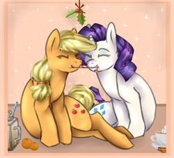 Size: 562x510 | Tagged: safe, artist:tentoqwow, applejack, rarity, g4, candy, candy cane, christmas, eyes closed, female, food, holiday, holly, holly mistaken for mistletoe, lesbian, ship:rarijack, shipping