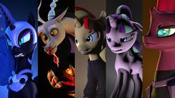 Size: 1024x576 | Tagged: safe, artist:mrwithered, discord, nightmare moon, starlight glimmer, sunset shimmer, tempest shadow, g4, my little pony: the movie, 3d, source filmmaker